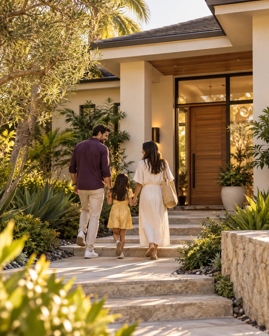 Illustrative scene of a family arriving home at sunset