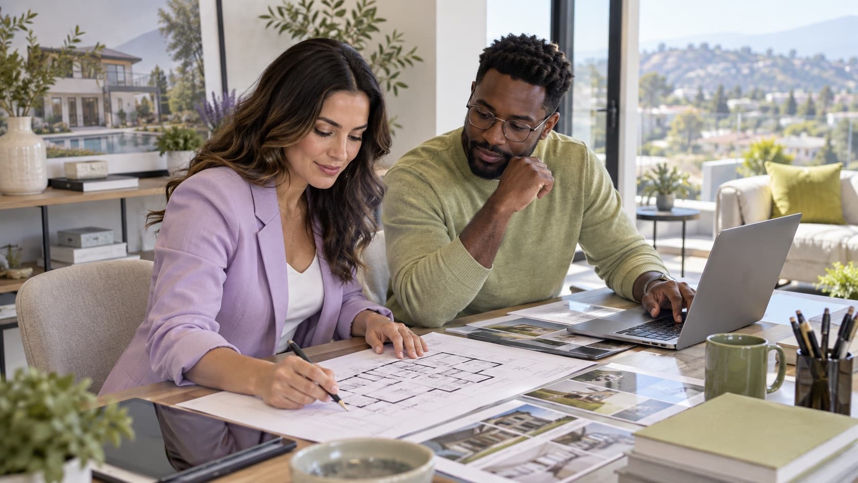 Two professionals organize real estate tasks beside a floor plan and a laptop.