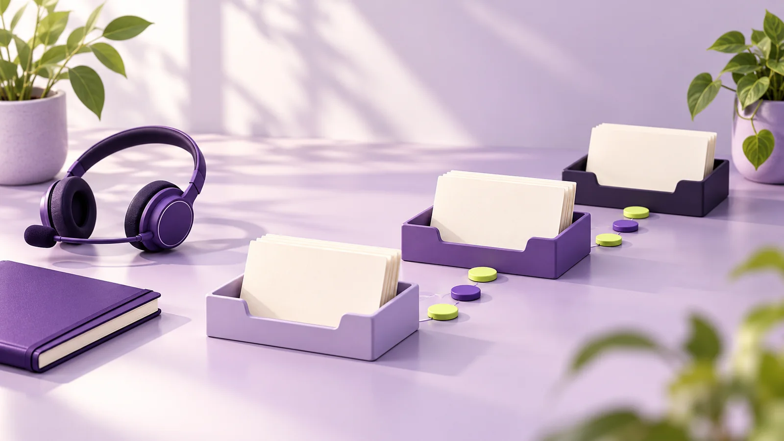 Ilustración conceptual de bandejas con tarjetas en blanco, auriculares morados y fichas de colores que representan el seguimiento de clientes.