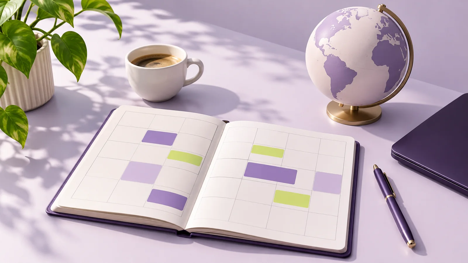 Conceptual arrangement with a text-free planner, purple and lime blocks, a decorative globe, a pen and a closed laptop.